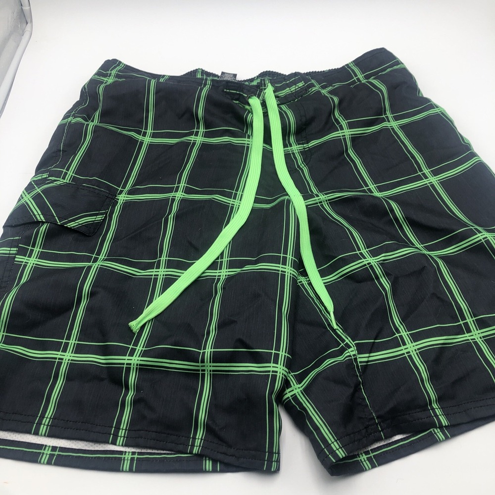 OP Swim Trunk Men Large Plaid Pocket Ocean Pacific L 36/38 9 Neon Green Black